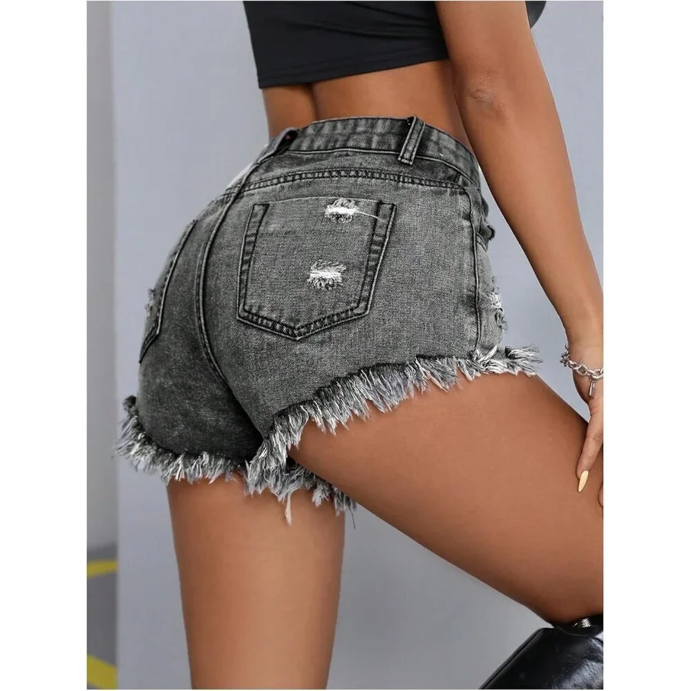 Women's Summer Ripped High Waisted Denim Shorts Straight Leg Casual